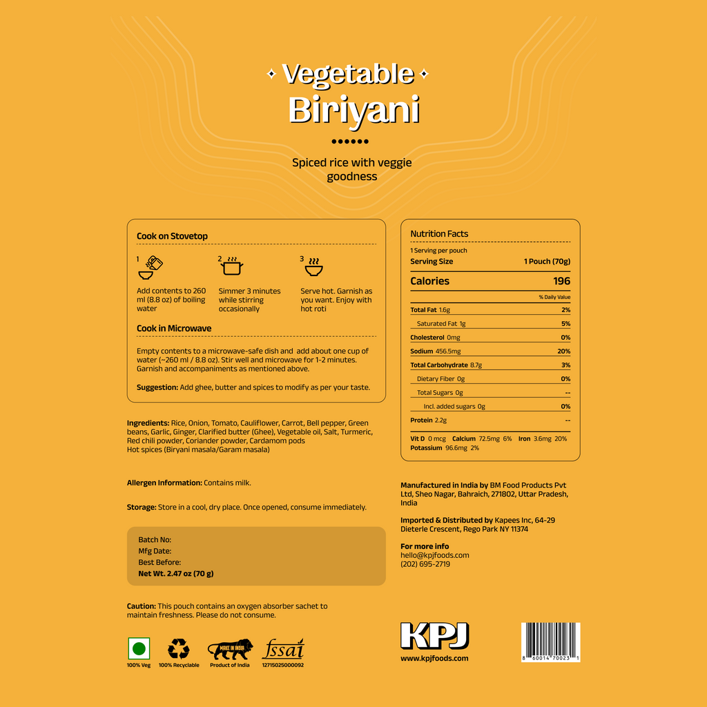 KPJ Foods Vegetable Biryani freeze-dried meal packet